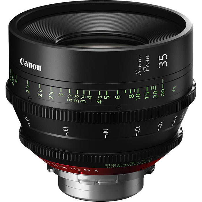 Canon Sumire Prime 35mm T1.5 cinema lens with PL mount and feet scale for full-frame cinematic production