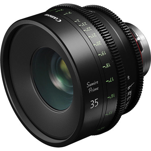 Canon Sumire Prime 35mm T1.5 cinema lens with PL mount and feet scale for full-frame cinematic production