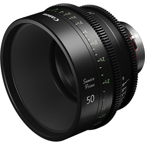Canon Sumire Prime 50mm T1.3 cinema lens with PL mount and feet scale for full-frame cinematic production