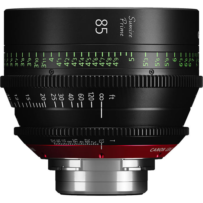 Canon Sumire Prime 85mm T1.3 cinema lens with PL mount and feet scale for full-frame cinematic production