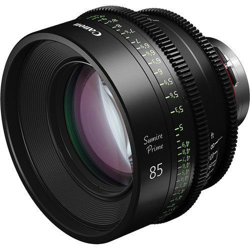 Canon Sumire Prime 85mm T1.3 cinema lens with PL mount and feet scale for full-frame cinematic production