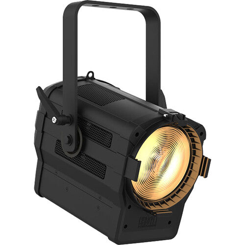 Warm white LED Fresnel-style fixture with motorized zoom for theatrical, worship, studio, educational, and live production lighting.