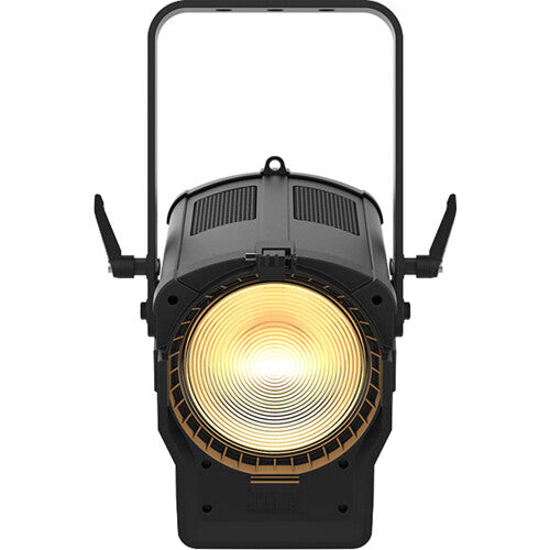 Warm white LED Fresnel-style fixture with motorized zoom for theatrical, worship, studio, educational, and live production lighting.