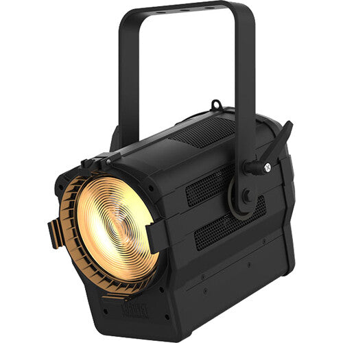 Warm white LED Fresnel-style fixture with motorized zoom for theatrical, worship, studio, educational, and live production lighting.