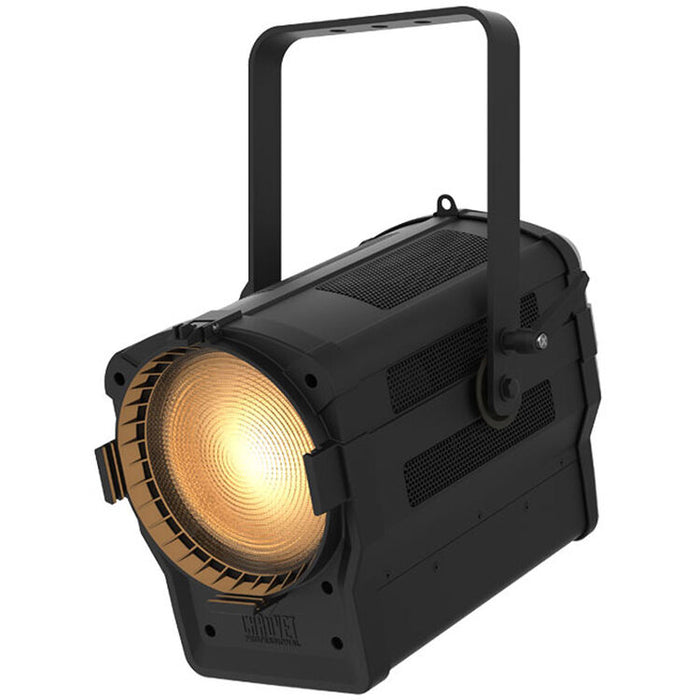 Warm white LED Fresnel-style fixture with motorized zoom for theatrical, broadcast, worship, and performance lighting applications.