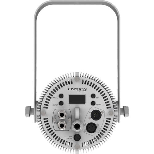 Warm white LED house light in white finish for theaters, churches, auditoriums, and performance venues with smooth professional dimming.