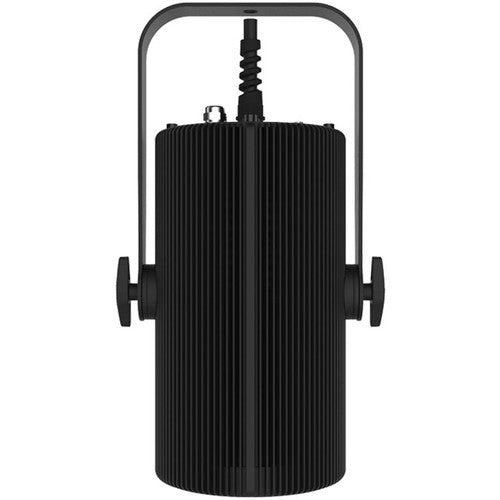 Full-color LED house light in black finish for theaters, auditoriums, churches, and performance venues with professional dimming control.