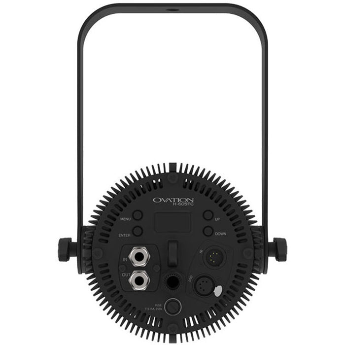 Full-color LED house light in black finish for theaters, auditoriums, churches, and performance venues with professional dimming control.