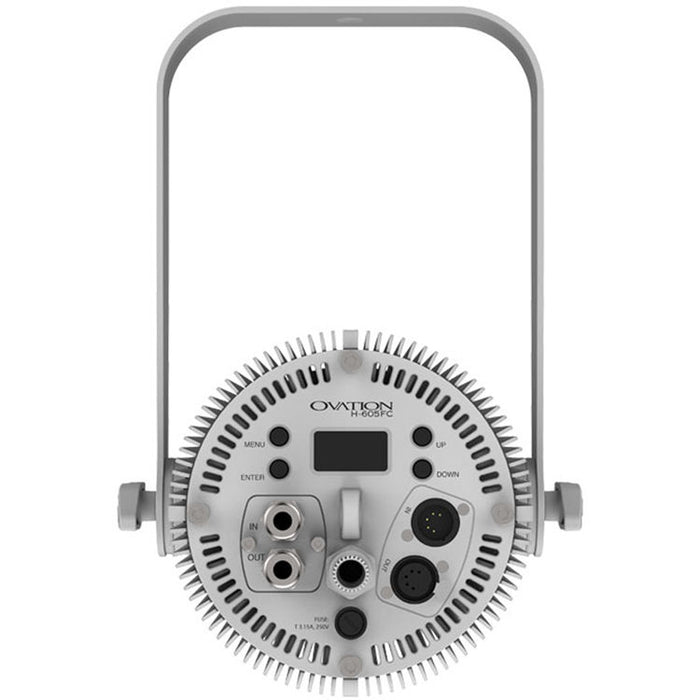 Full-color LED house light in white finish for theaters, churches, auditoriums, and performance venues with professional dimming control.