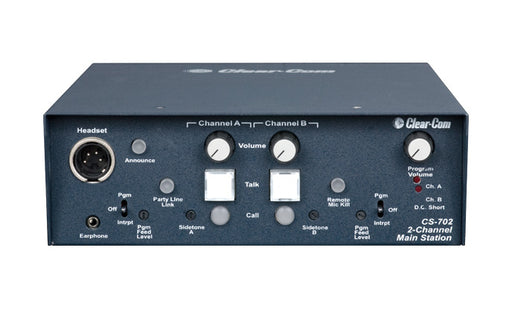 Clear-Com CS-702 two-channel portable intercom main station with headset connection, program input, and stage announce.