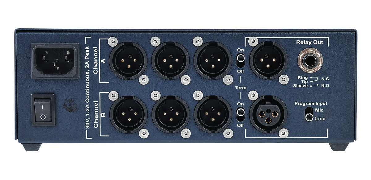 Clear-Com CS-702 two-channel portable intercom main station with headset connection, program input, and stage announce.