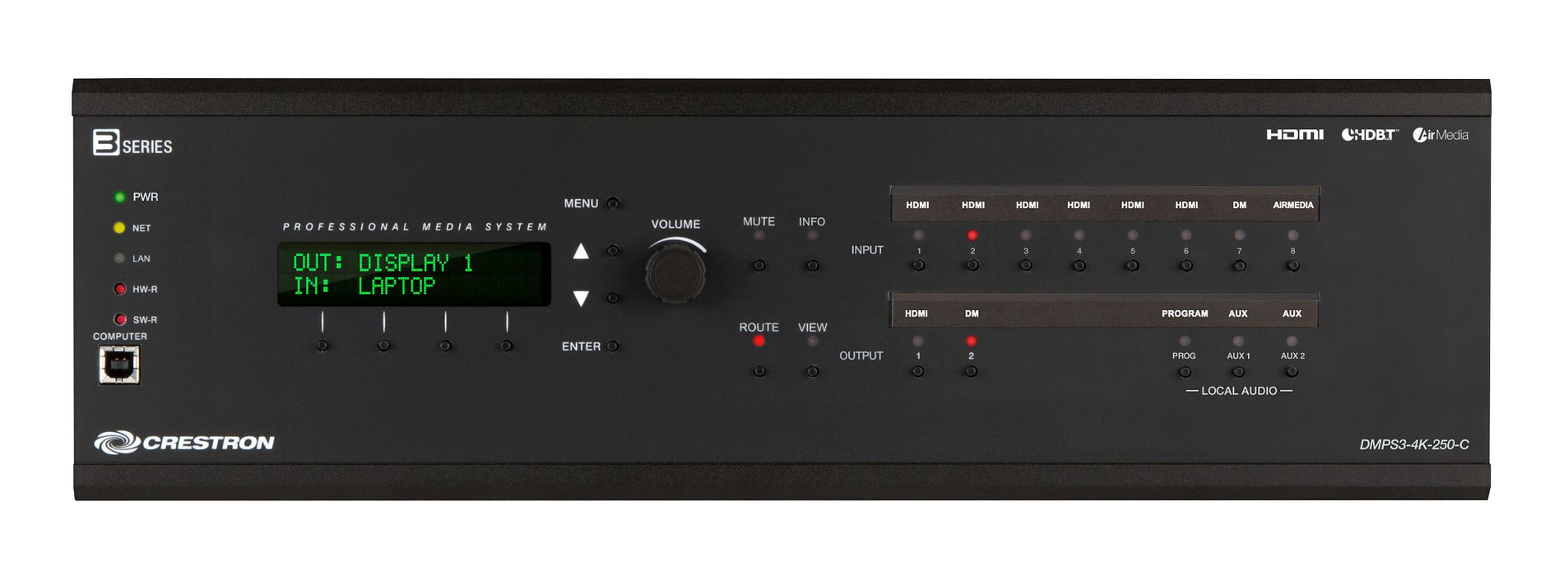 Crestron DMPS3-4K-250-C all-in-one 4K presentation system with built-in DigitalMedia™ switcher, control processor, and 250W amplifier.