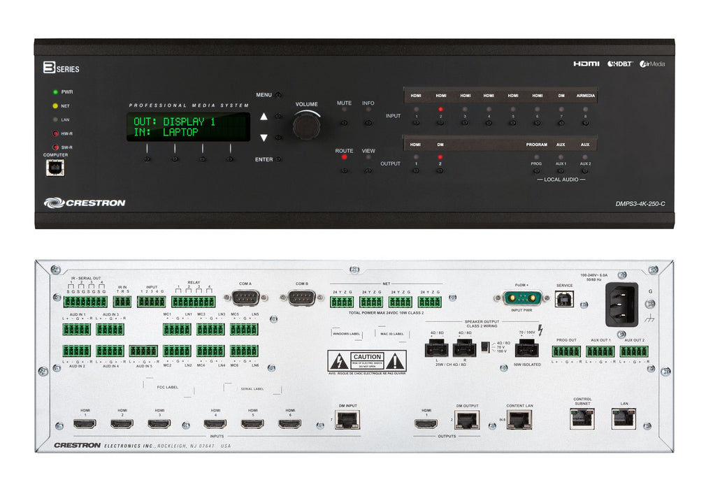 Crestron DMPS3-4K-250-C all-in-one 4K presentation system with built-in DigitalMedia™ switcher, control processor, and 250W amplifier.