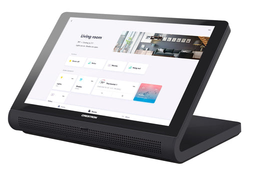 Crestron TS-770R-B 7-inch Tabletop Touch Screen displaying Crestron Home OS interface (Black)