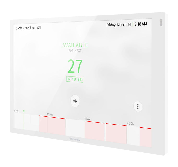 Crestron TSS-1070-W-S 10.1-inch room scheduling touch screen with sleek white design, vibrant display, and seamless enterprise integration.