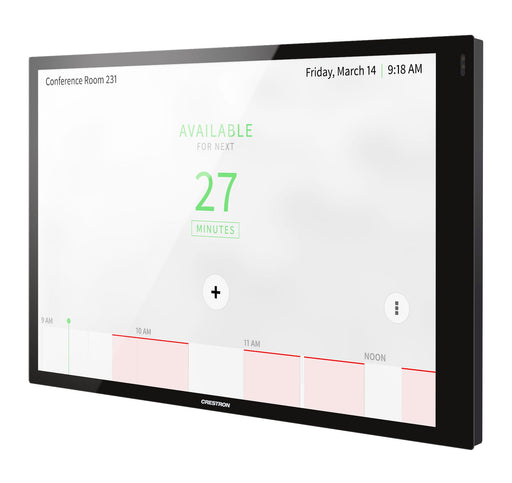 Crestron TSW-1070-B-S 10.1-inch touchscreen control panel in black, designed for smart automation and room scheduling applications.