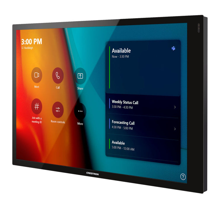 Crestron TSW-1070-B-S 10.1-inch touchscreen control panel in black, designed for smart automation and room scheduling applications.