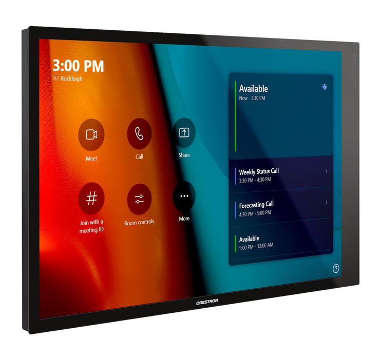 Crestron TSW-1070-B-S 10.1-inch touchscreen control panel in black, designed for smart automation and room scheduling applications.