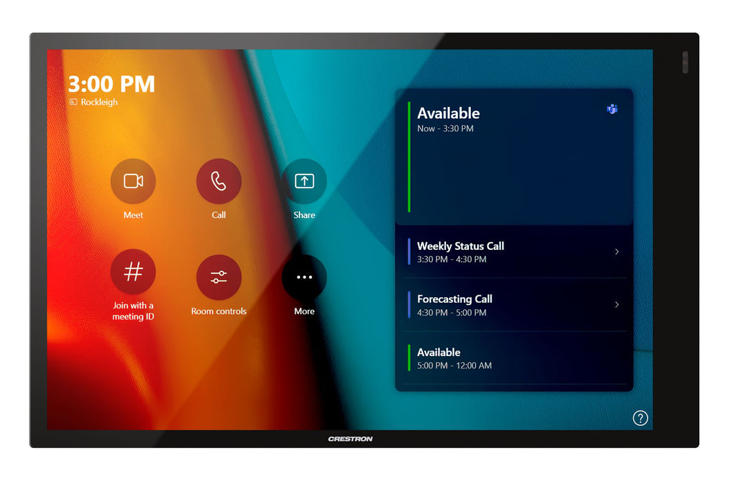 Crestron TSW-1070-B-S 10.1-inch touchscreen control panel in black, designed for smart automation and room scheduling applications.