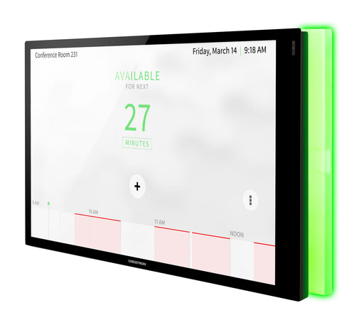 Crestron TSW-1070-LB-B-S Room Availability Light Bar attached to a TSW-1070 touch screen, indicating room status