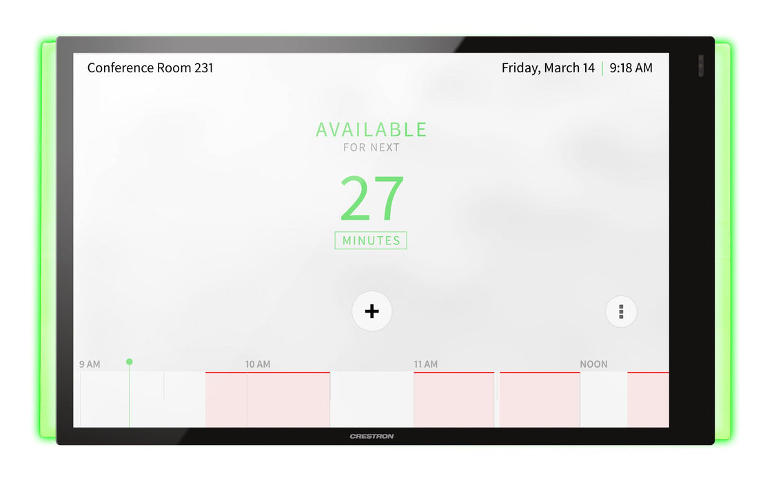 Crestron TSW-1070-LB-B-S Room Availability Light Bar attached to a TSW-1070 touch screen, indicating room status
