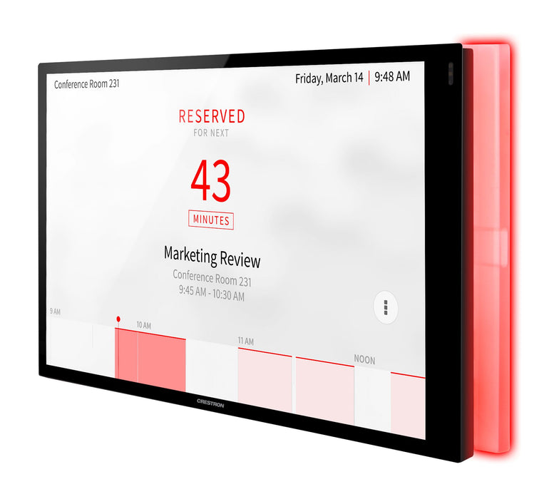 Crestron TSW-1070-LB-B-S Room Availability Light Bar attached to a TSW-1070 touch screen, indicating room status