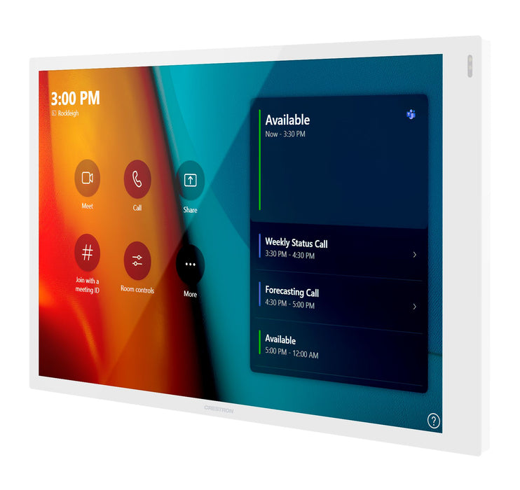 Crestron TSW-1070-W-S 10.1-inch touchscreen control panel in white, designed for smart automation and room scheduling applications.
