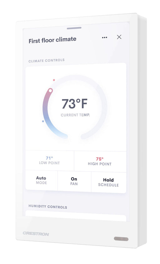 Crestron TSW-570P-W-S 5-inch portrait touch screen in white smooth finish, designed for intuitive control and automation in commercial and residential settings.