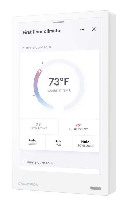Crestron TSW-570PR-W 5-inch wall mount touch screen with proximity sensor, sleek white finish, and intuitive control interface.