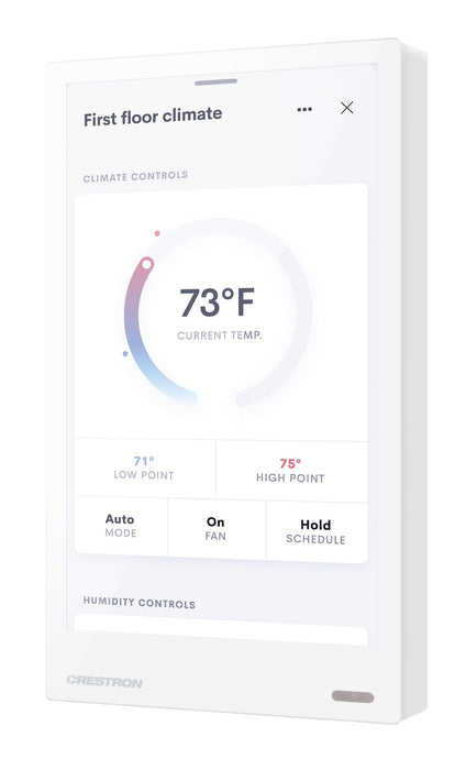 Crestron TSW-570PR-W 5-inch wall mount touch screen with proximity sensor, sleek white finish, and intuitive control interface.