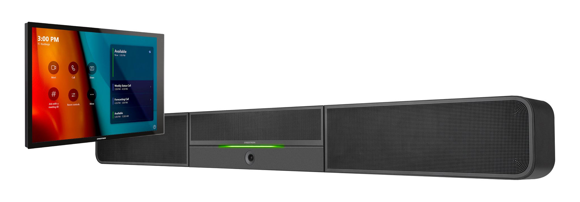 Crestron UC-B30-T-WM Microsoft Teams Rooms video conferencing system with soundbar, camera, and touch controller for seamless meetings.