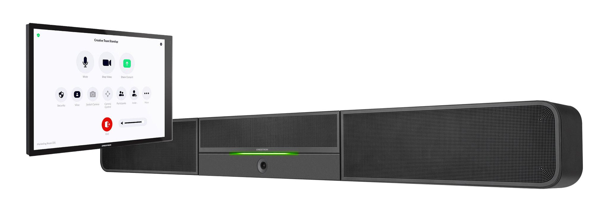 Crestron UC-B30-Z-WM Zoom Rooms video conferencing system with soundbar, camera, and touch controller for seamless collaboration.