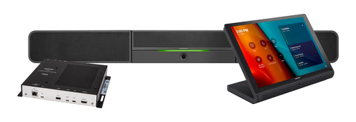 Crestron UC-BX30-T-GV conference system featuring a touch screen, video soundbar, and UC engine for Microsoft Teams Rooms.