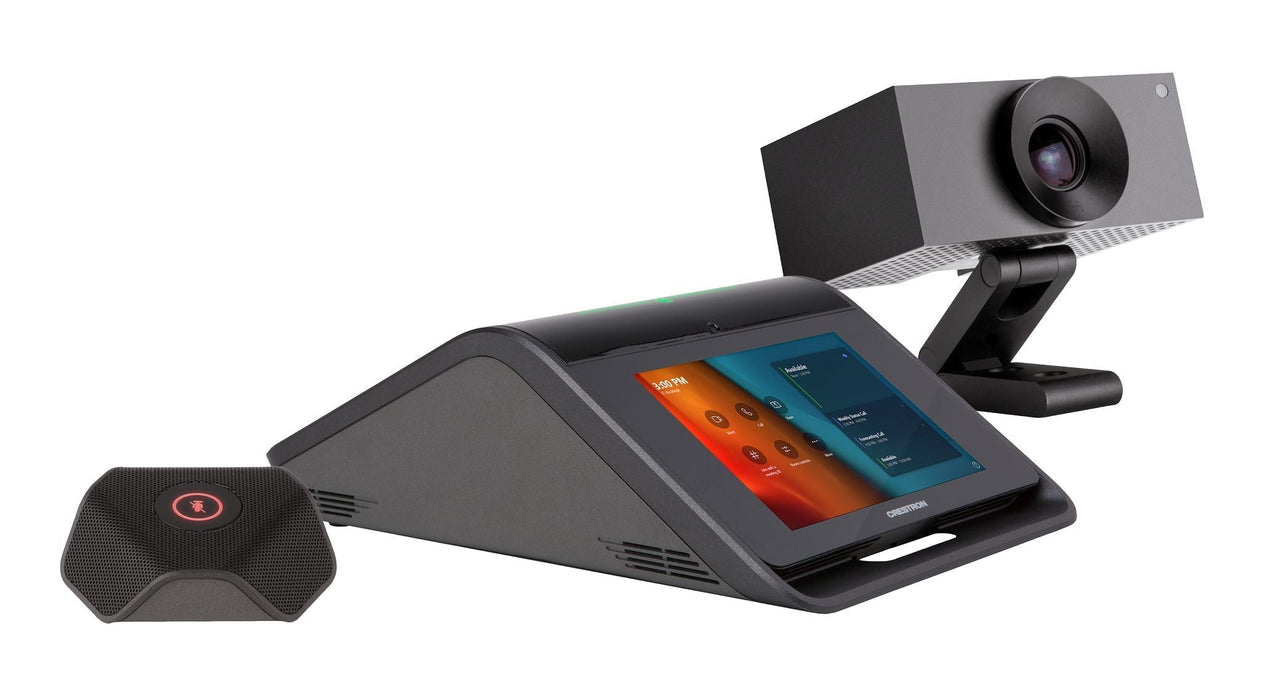 Crestron UC-M70-T Microsoft TeamsÃƒÆ’â‚¬Å¡Ãƒâ€šÂ® Rooms system for large conference rooms, featuring a tabletop touch controller, high-quality speakerphone, and 4K camera.