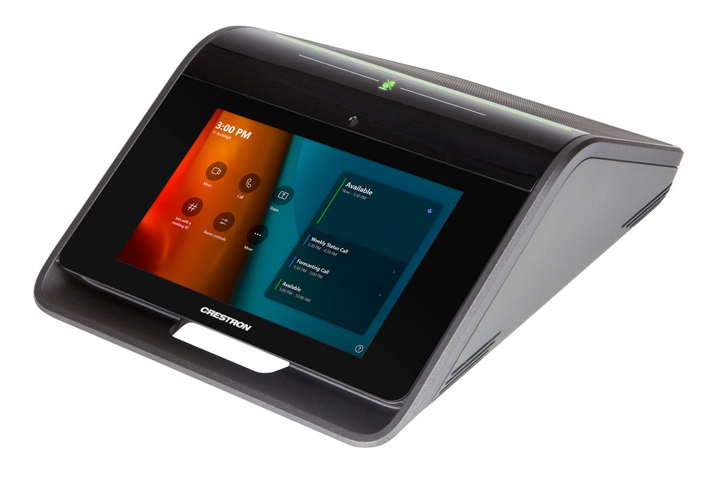 Crestron UC-M70-T Microsoft Teams® Rooms system for large conference rooms, featuring a tabletop touch controller, high-quality speakerphone, and 4K camera.