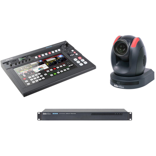 DataVideo SHOWCAST 100-TRK 3 bundle featuring 4K switcher, three PTZ cameras, and HDBaseT receiver​