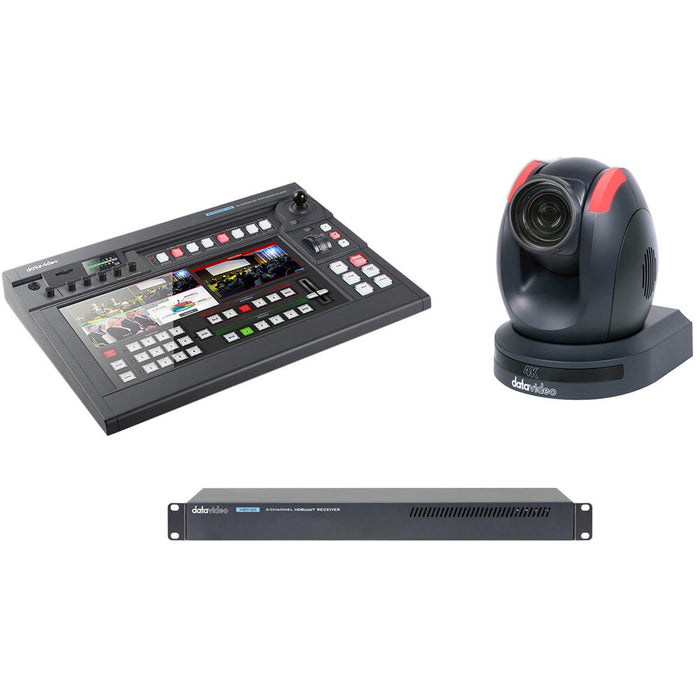 DataVideo SHOWCAST 100-TRK 3 bundle featuring 4K switcher, three PTZ cameras, and HDBaseT receiver​