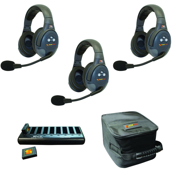 Eartec EVX3D 3-person wireless intercom headset system for hands-free team communication