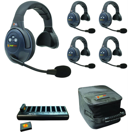 Eartec EVX5S wireless intercom system with five headsets and full duplex communication