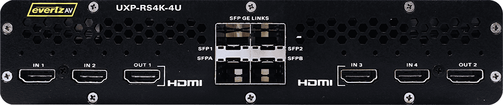 EvertzAV UXP-RS4K-4 Standalone IPMX Certified 10GE AV Quad Image Processor and Receiver for 4K AV-over-IP video processing and multi-window display applications.