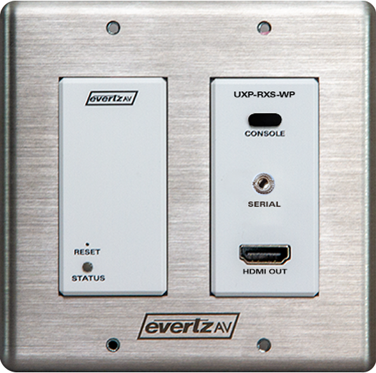 EvertzAV UXP-RXS-WP Single-Channel HDMI AV Receiver Wall Plate for 4K UHD AV-over-IP distribution with HDMI output and flush wall-mounted installation.
