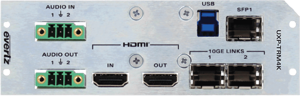 EvertzAV UXP-TRM4K Modular AV Gateway for 4K UHD AV-over-IP distribution with modular expansion and professional HDMI connectivity.