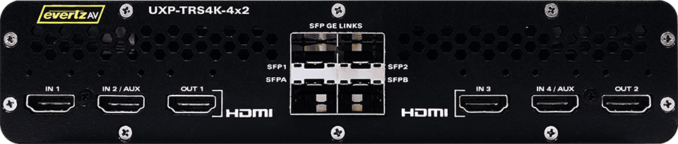 EvertzAV UXP-TRS4K-4x2 Standalone AV Dual HDMI Transceiver for professional 4K HDMI AV-over-IP video, audio, and control distribution.