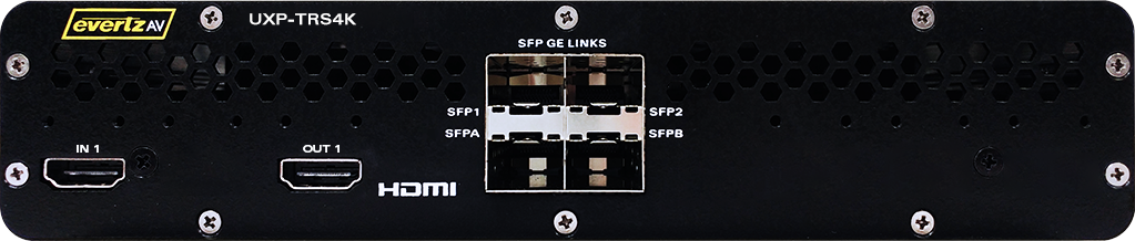 EvertzAV UXP-TRS4K Standalone AV Gateway for 4K UHD AV-over-IP distribution with HDMI connectivity and enterprise-grade network integration.