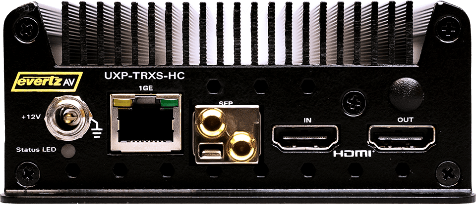 EvertzAV UXP-TRXS-HC Standalone HEVC/H.264 Encoder and Decoder for professional IP video streaming, broadcast contribution, and AV-over-IP applications.