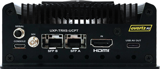 EvertzAV UXP-TRXS-UCPT Standalone IPMX Certified Transceiver Gateway with USB Capture for professional AV-over-IP and video conferencing applications.