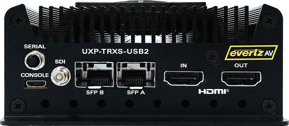 EvertzAV UXP-TRXS-USB2 Standalone IPMX Certified AV Gateway with USB 2.0 for professional AV-over-IP video, audio, USB extension, and control applications.