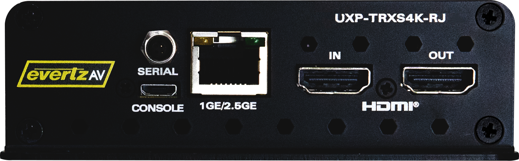 EvertzAV UXP-TRXS4K-RJ Standalone 4K60 AV Gateway for professional AV-over-IP video, audio, USB and control signal transport.