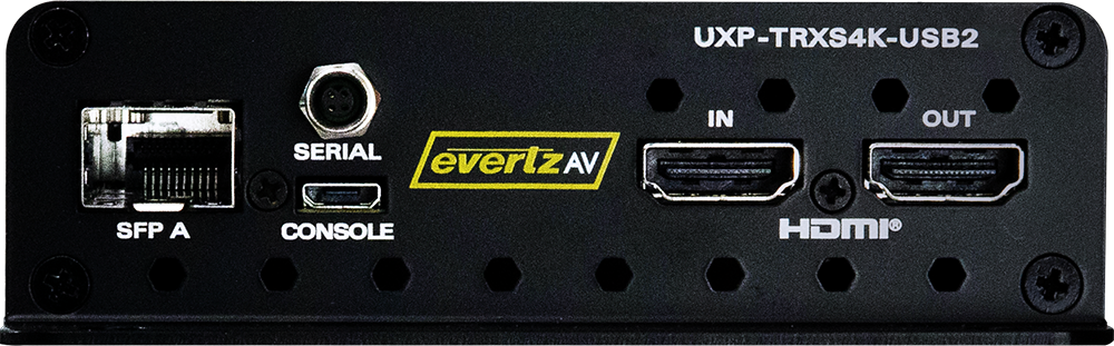EvertzAV UXP-TRXS4K-USB2 Standalone IPMX Certified 4K60 AV Gateway with USB 2.0 for professional AV-over-IP applications.