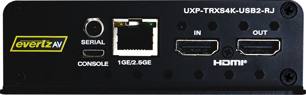 EvertzAV UXP-TRXS4K-USB2-RJ Standalone 4K60 AV Gateway with USB 2.0 and 1/2.5GE RJ45 Ethernet for professional AV-over-IP installations.
